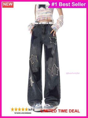 Women's High Rise Straight Leg Star Patchwork Denim Jeans Y2K Casual